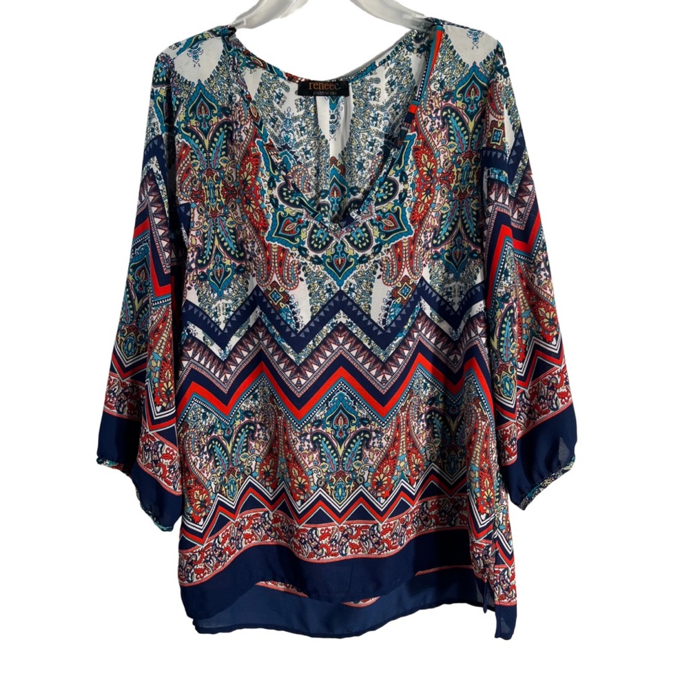 Renee C.|Medium Woman’s 3/4 Length Stunning V-neck Blouse w/beautiful bold color